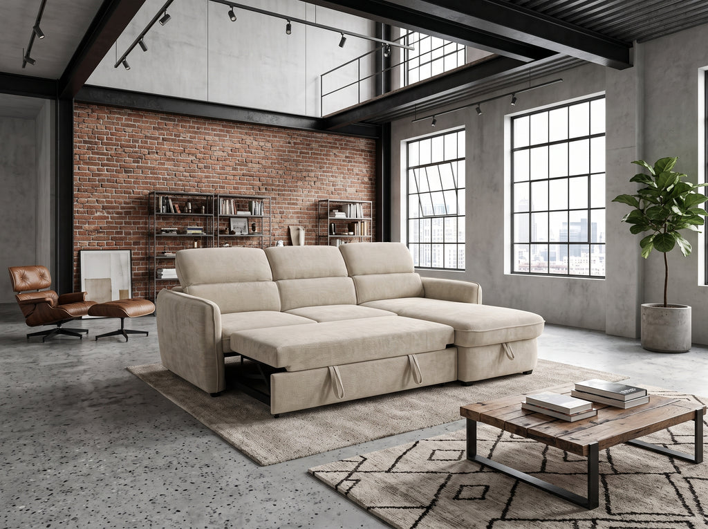 Canapé d'angle convertible Stockholm, Chenille beige clair