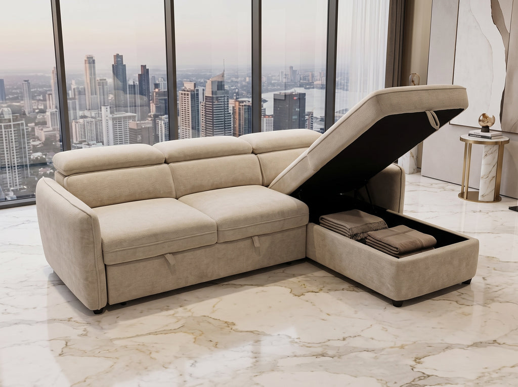 Canapé d'angle convertible Stockholm, Chenille beige clair