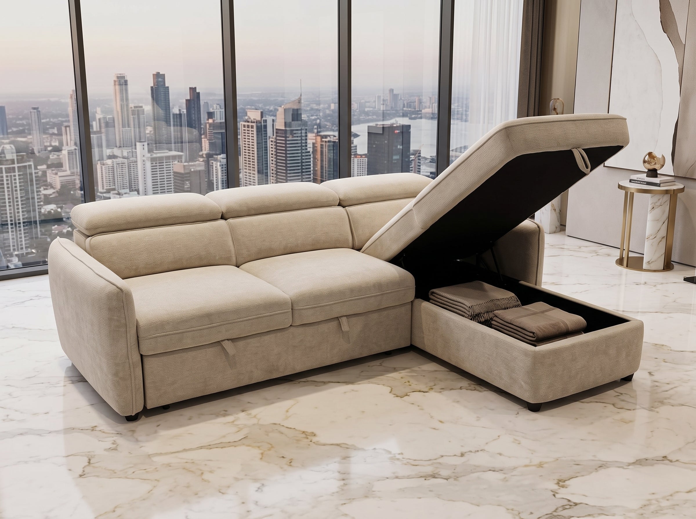 Canapé d'angle convertible Stockholm, Chenille beige clair