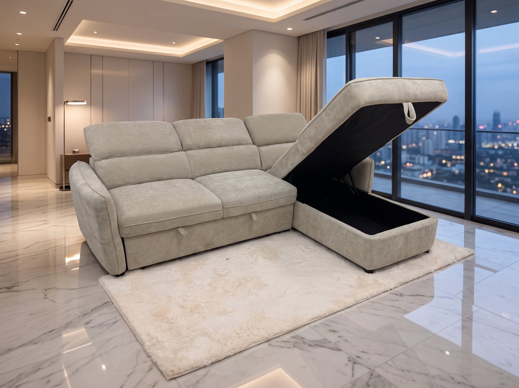 Coffre de rangement ouvert du canapé d'angle Stockholm beige clair
