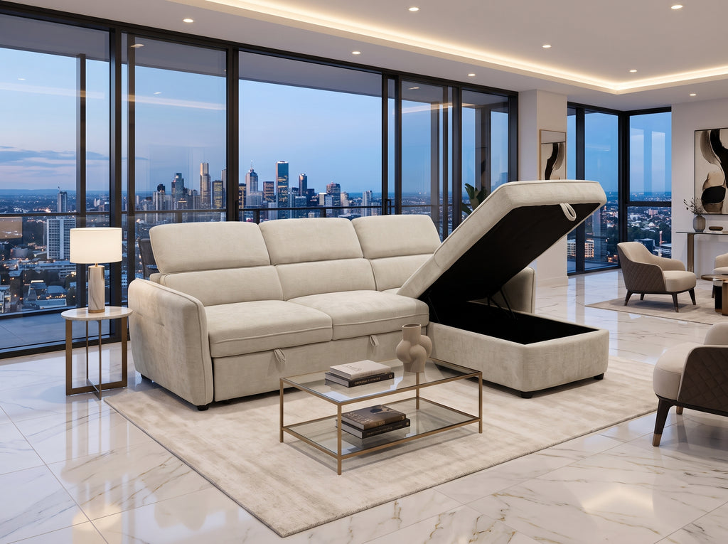 Canapé d'angle convertible Stockholm, Chenille beige clair