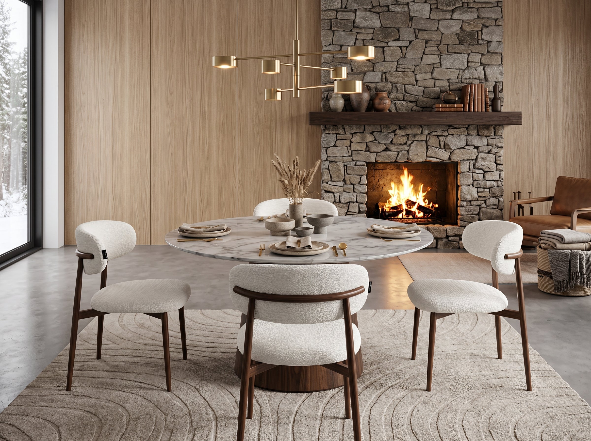 Chaise So (lot de 4), Bouclé beige & bois travertin