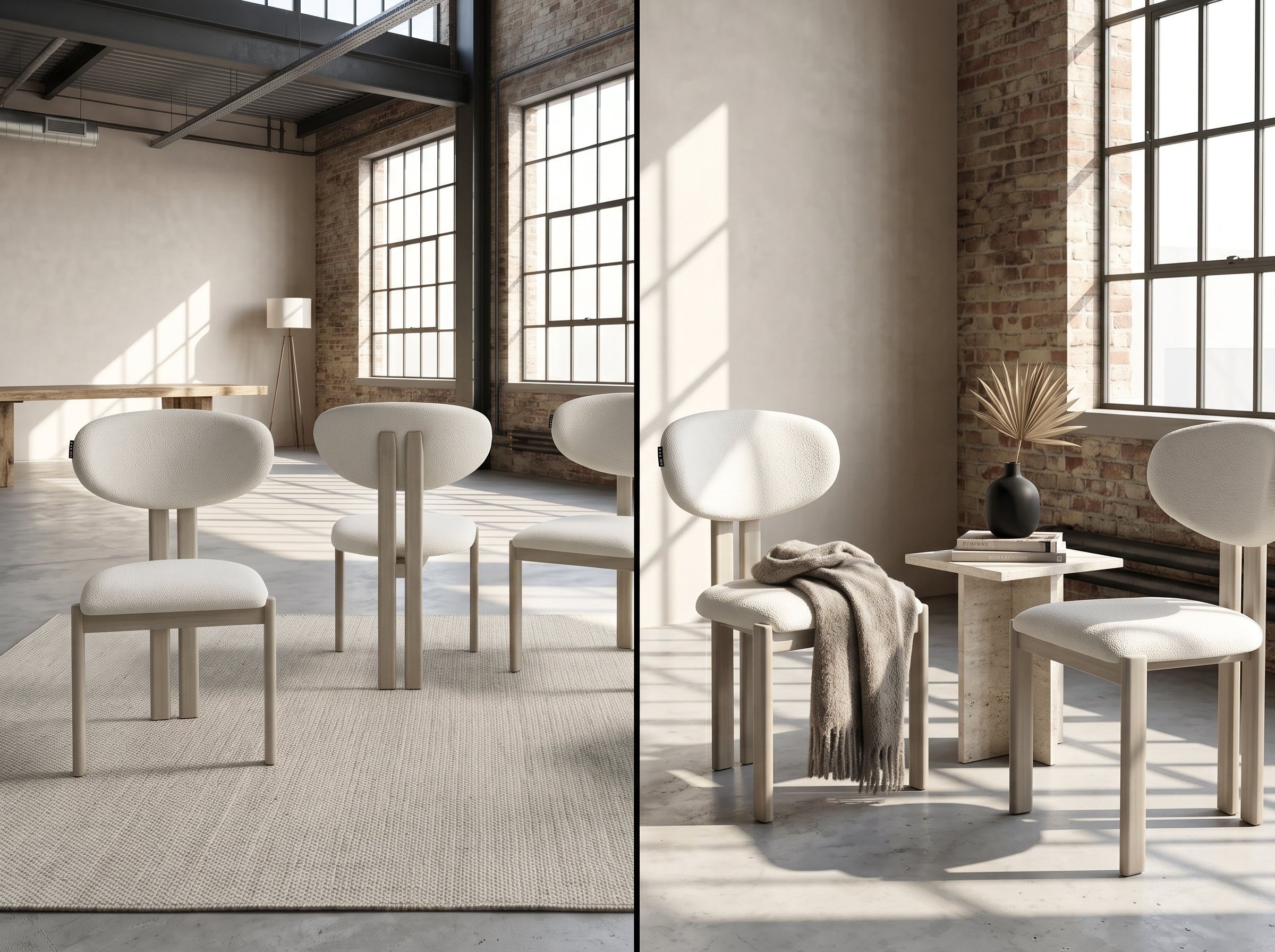 Chaise Bella (lot de 2), Bouclé beige & bois travertin