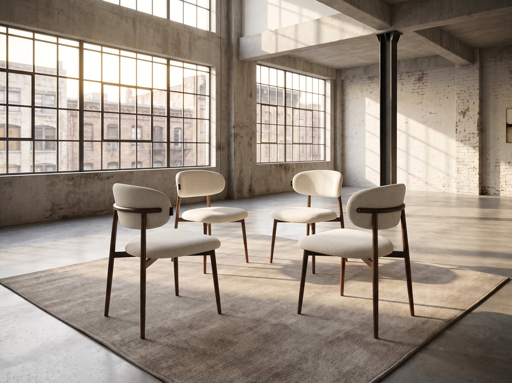 Chaise So (lot de 4), Bouclé beige & bois travertin