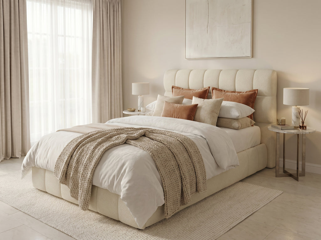 Lit boxspring Arche 140×190, Bouclé crème, tête arrondie & matelas pillow-top inclus