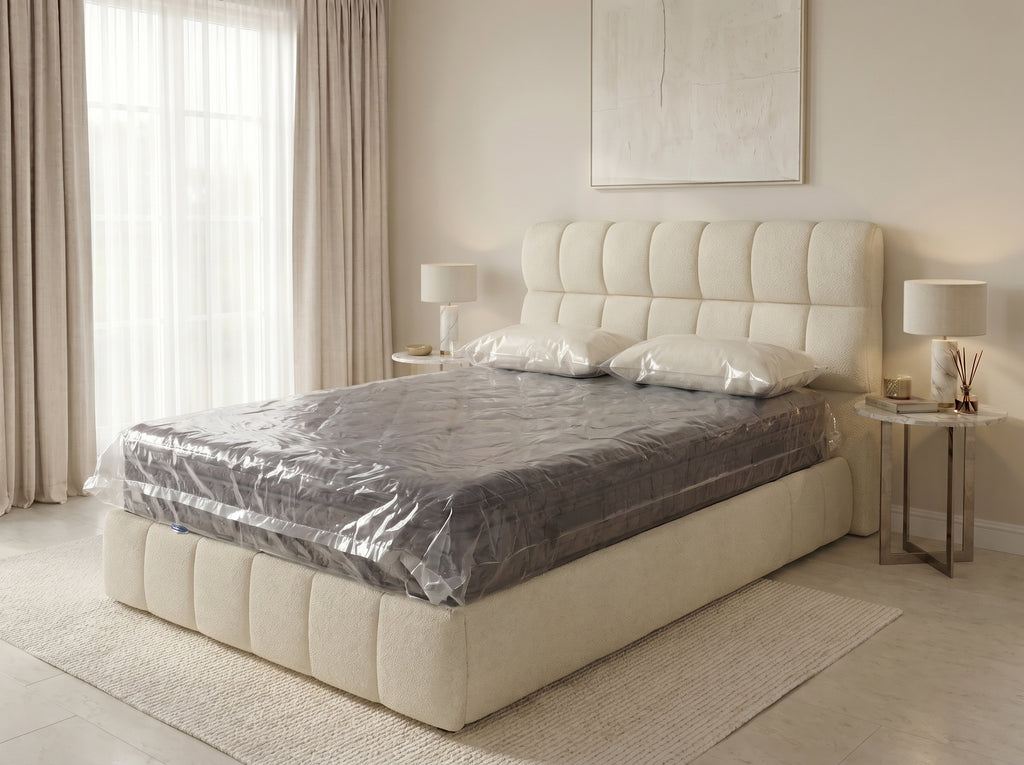 Lit boxspring Arche 140×190, Bouclé crème, tête arrondie & matelas pillow-top inclus