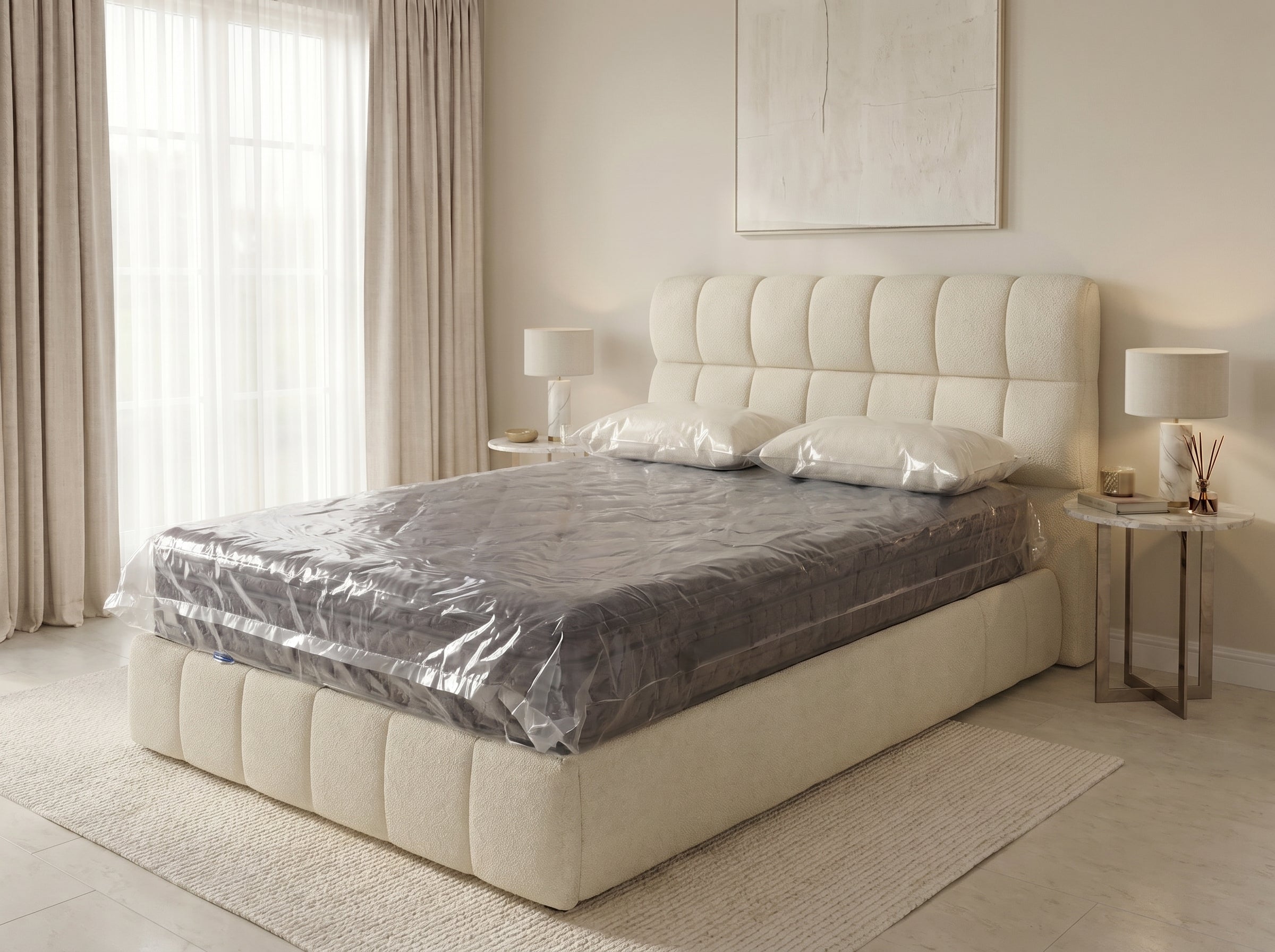 Lit boxspring Arche 140×190, Bouclé crème, tête arrondie & matelas pillow-top inclus