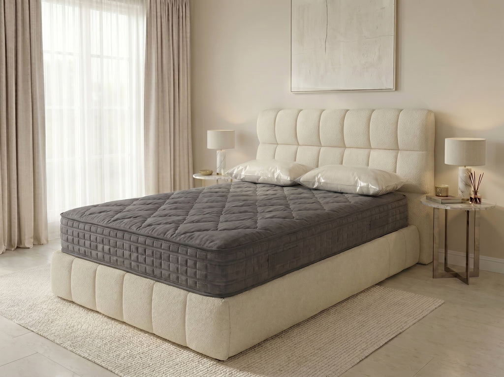 Lit boxspring Arche 140×190, Bouclé crème, tête arrondie & matelas pillow-top inclus