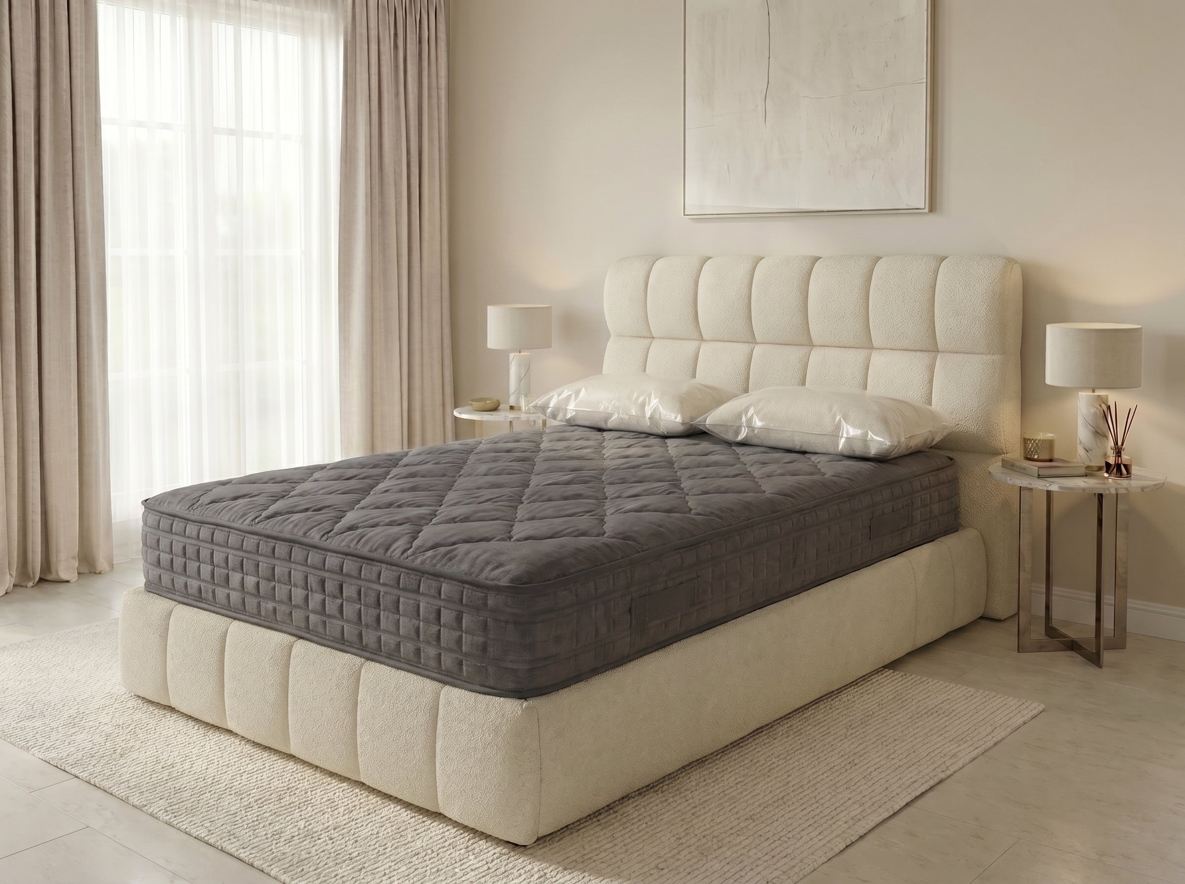 Lit boxspring Arche 140×190, Bouclé crème, tête arrondie & matelas pillow-top inclus