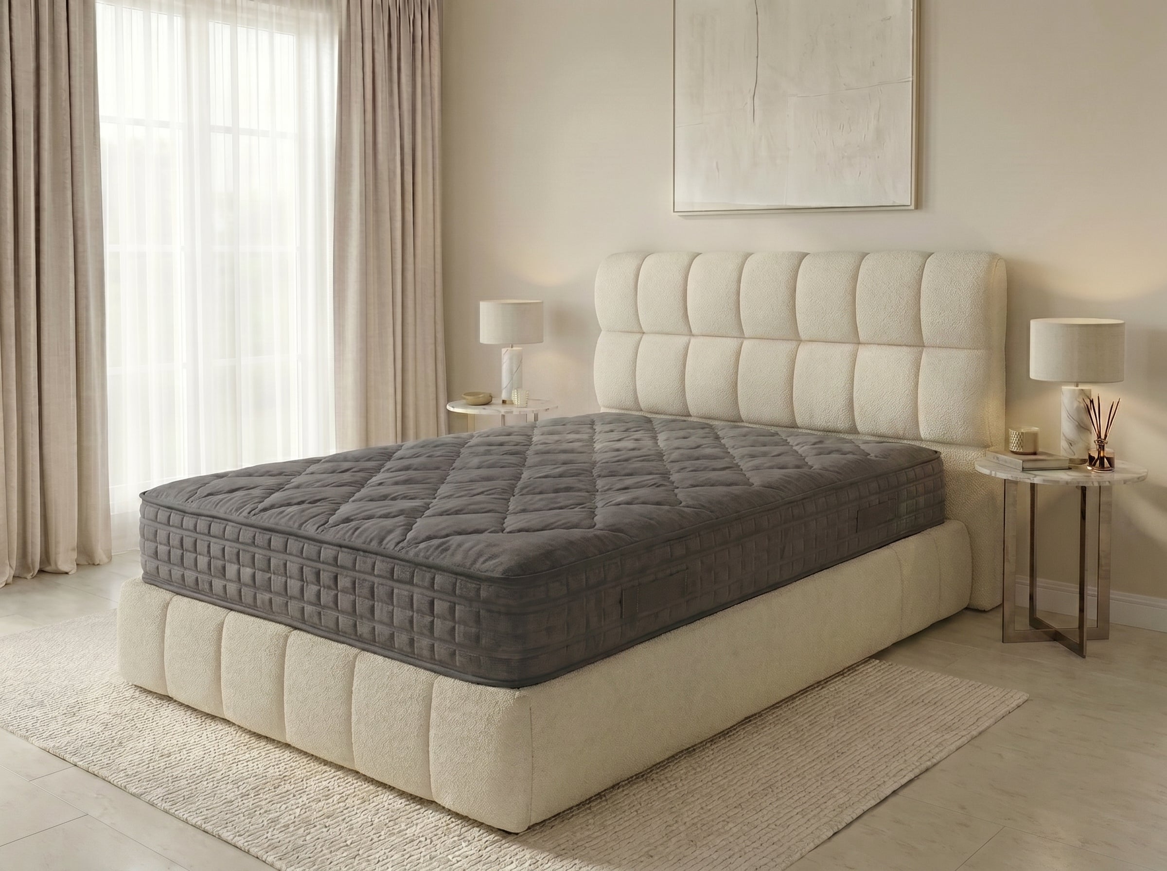 Lit boxspring Arche 140×190, Bouclé crème, tête arrondie & matelas pillow-top inclus