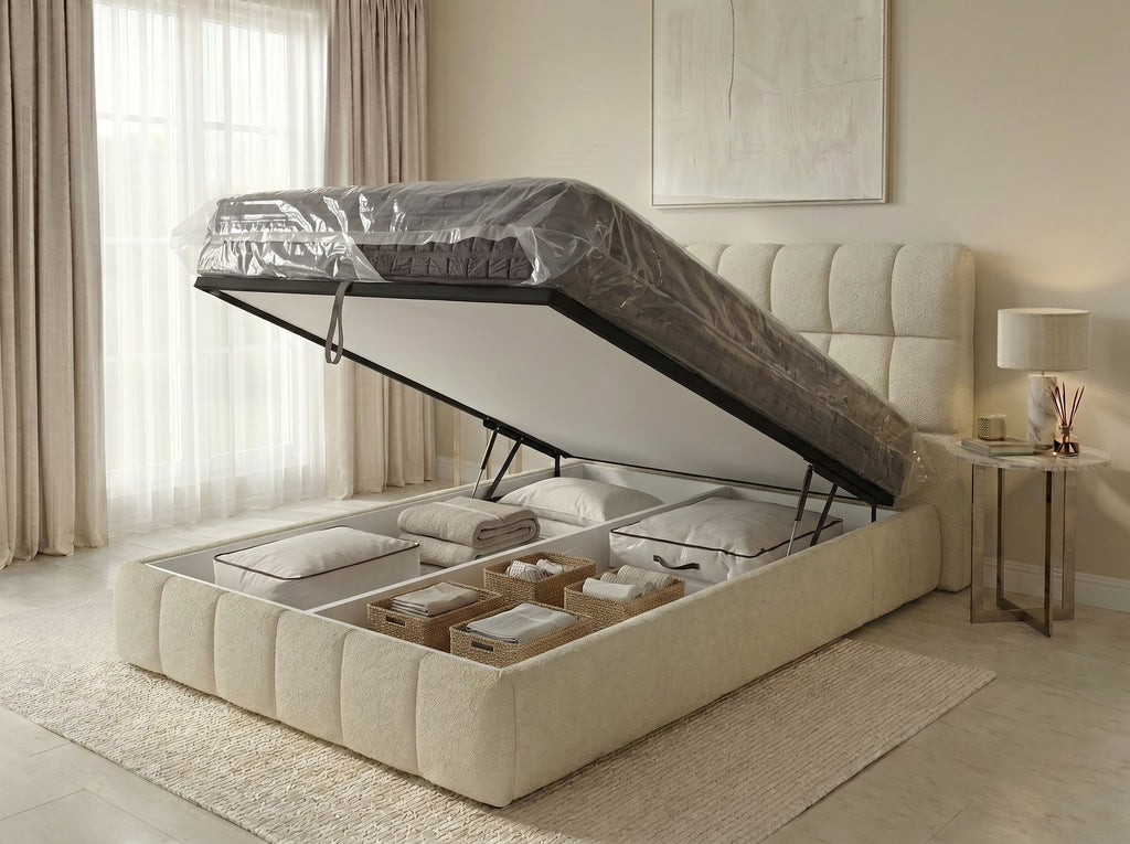 Lit boxspring Arche 140×190, Bouclé crème, tête arrondie & matelas pillow-top inclus