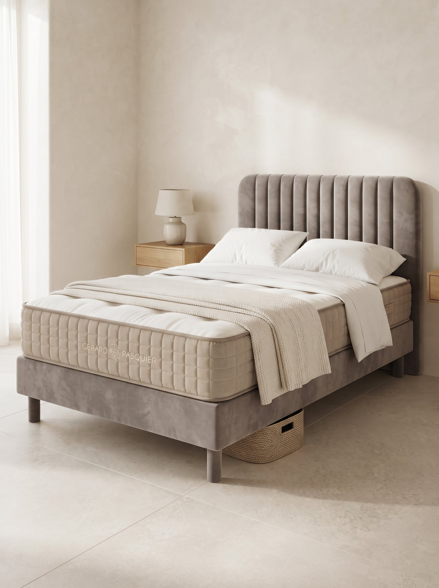 Lit coffre Milo 90 cm, Velours gris, tête de lit cannelée & rangement (1 place)