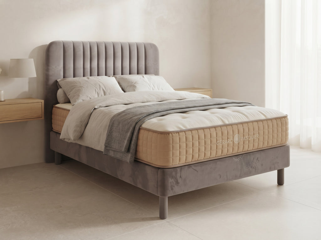 Lit coffre Milo 90 cm, Velours gris, tête de lit cannelée & rangement (1 place)