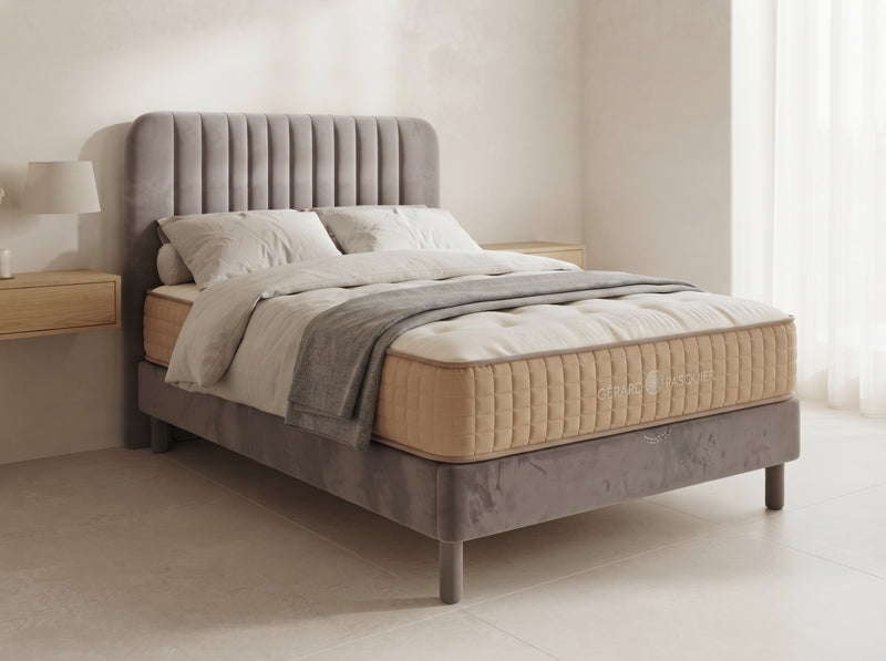 Lit coffre Milo 90 cm, Velours gris, tête de lit cannelée & rangement (1 place)