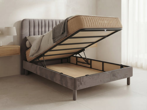 Lit coffre Milo 90 cm, Velours gris, tête de lit cannelée & rangement (1 place)