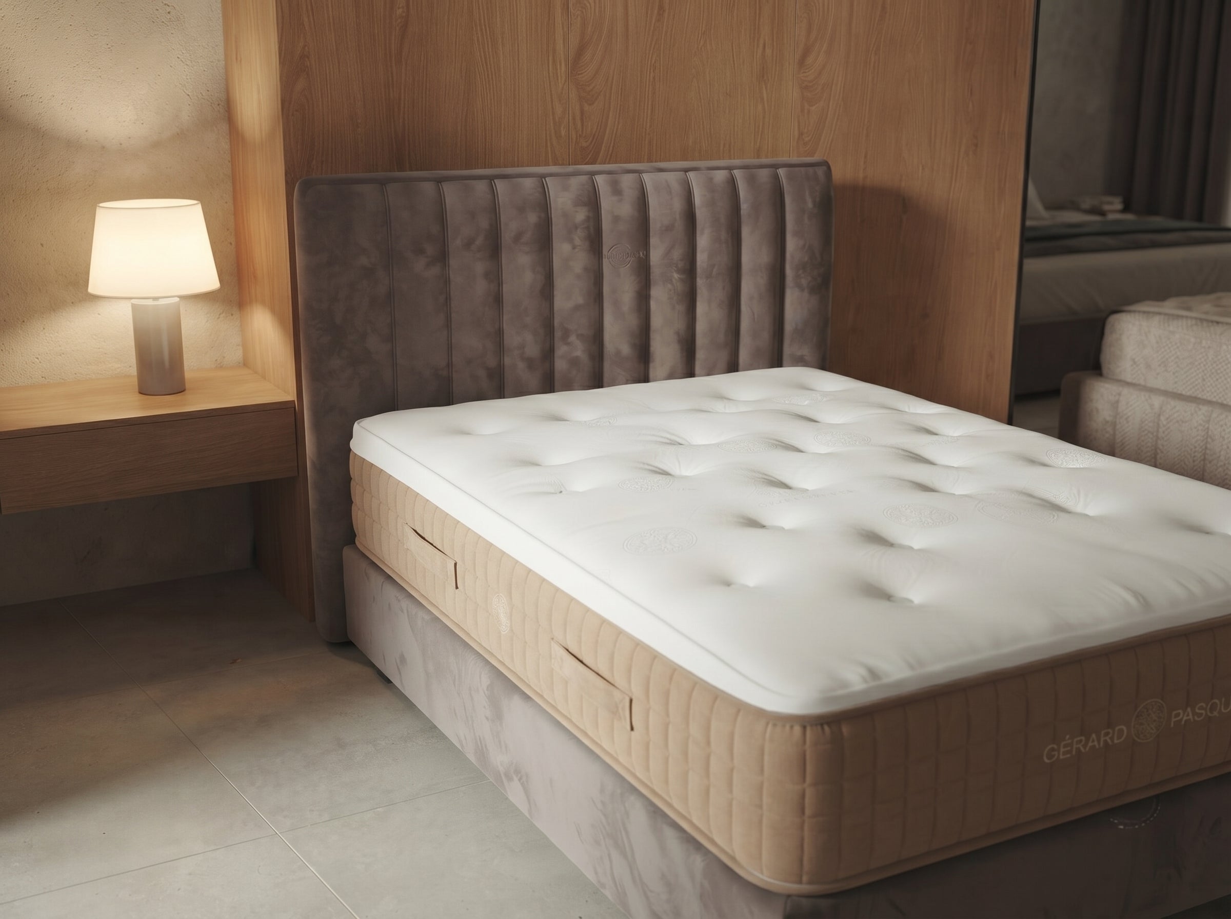 Lit coffre Milo 90 cm, Velours gris, tête de lit cannelée & rangement (1 place)