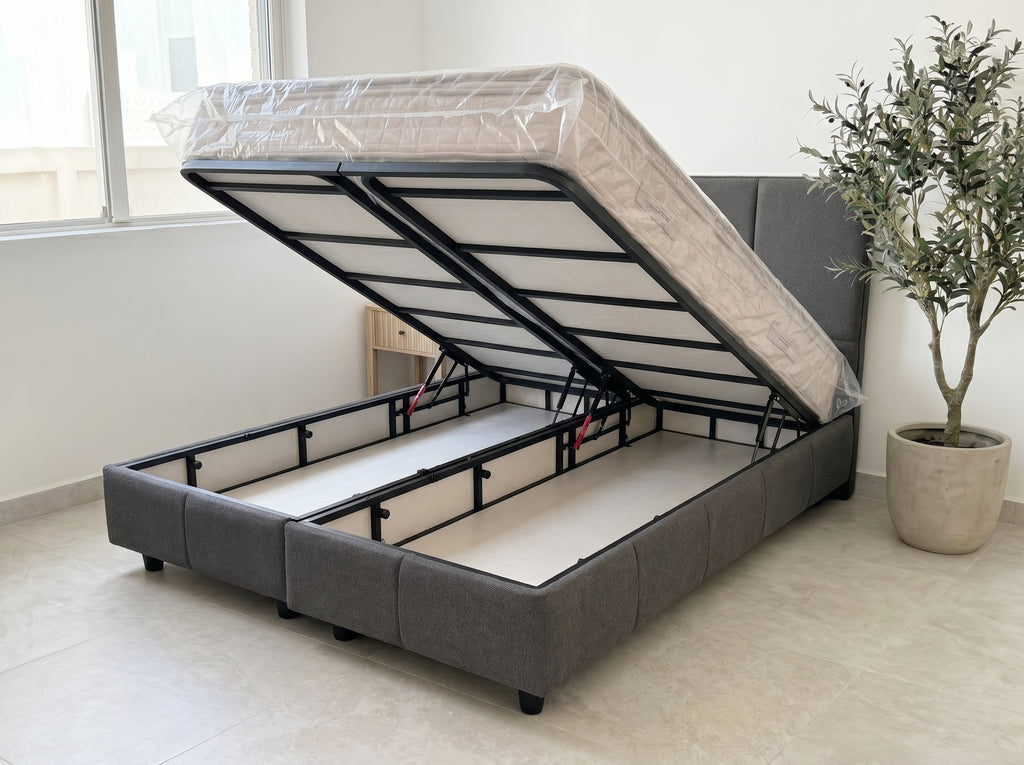 Lit coffre Nova 140×190, Tissu gris anthracite, tête capitonnée & rangement (matelas inclus)