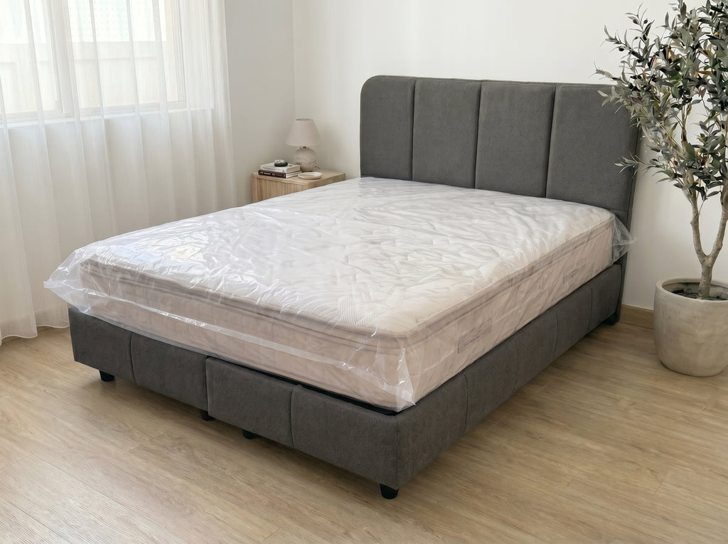 Lit coffre Nova 140×190, Tissu gris anthracite, tête capitonnée & rangement (matelas inclus)