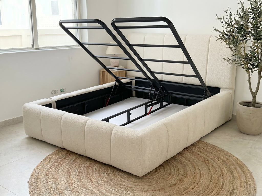 Lit coffre Bubble, Bouclé crème, sommier relevable & rangement (matelas 32 cm inclus)