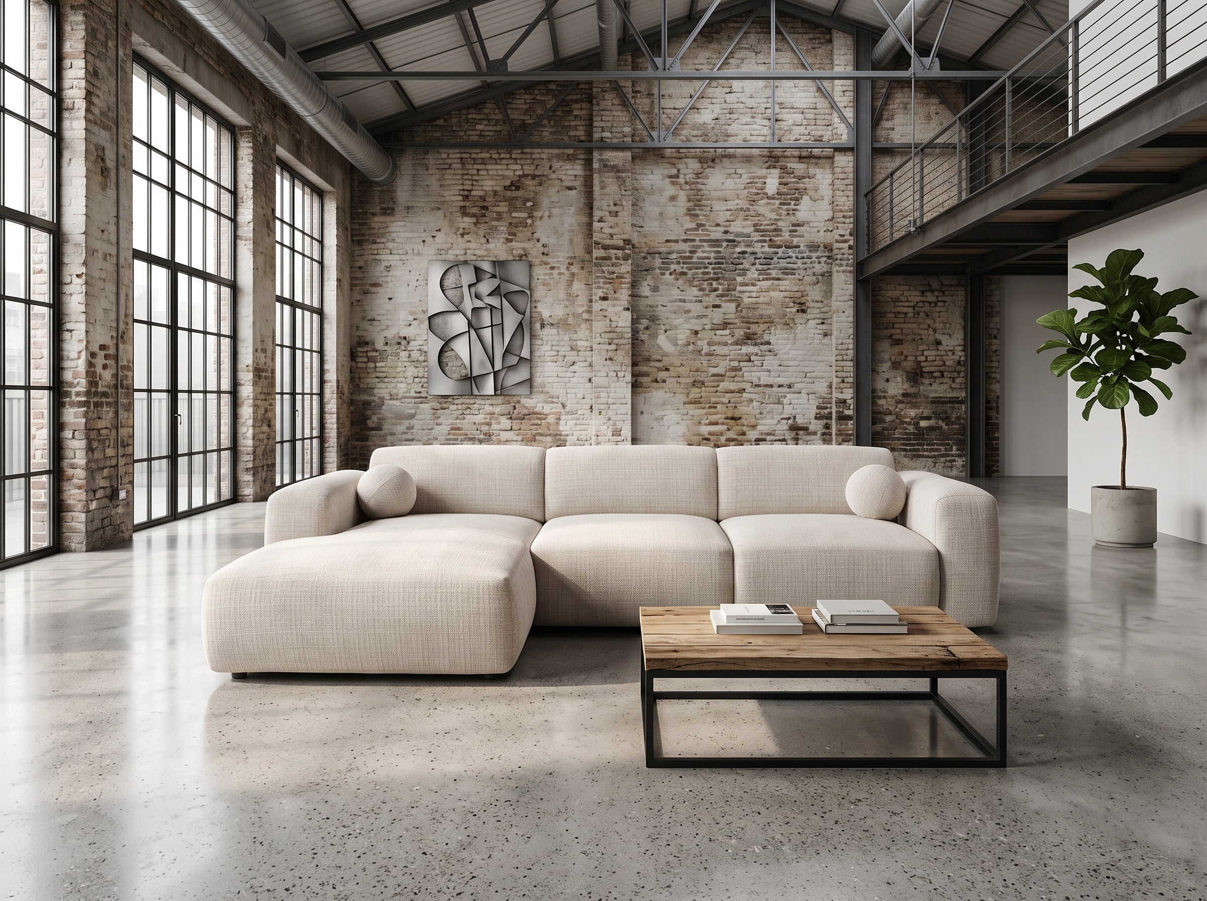 Canapé d'angle Galet chenille beige lin, coussins cylindriques