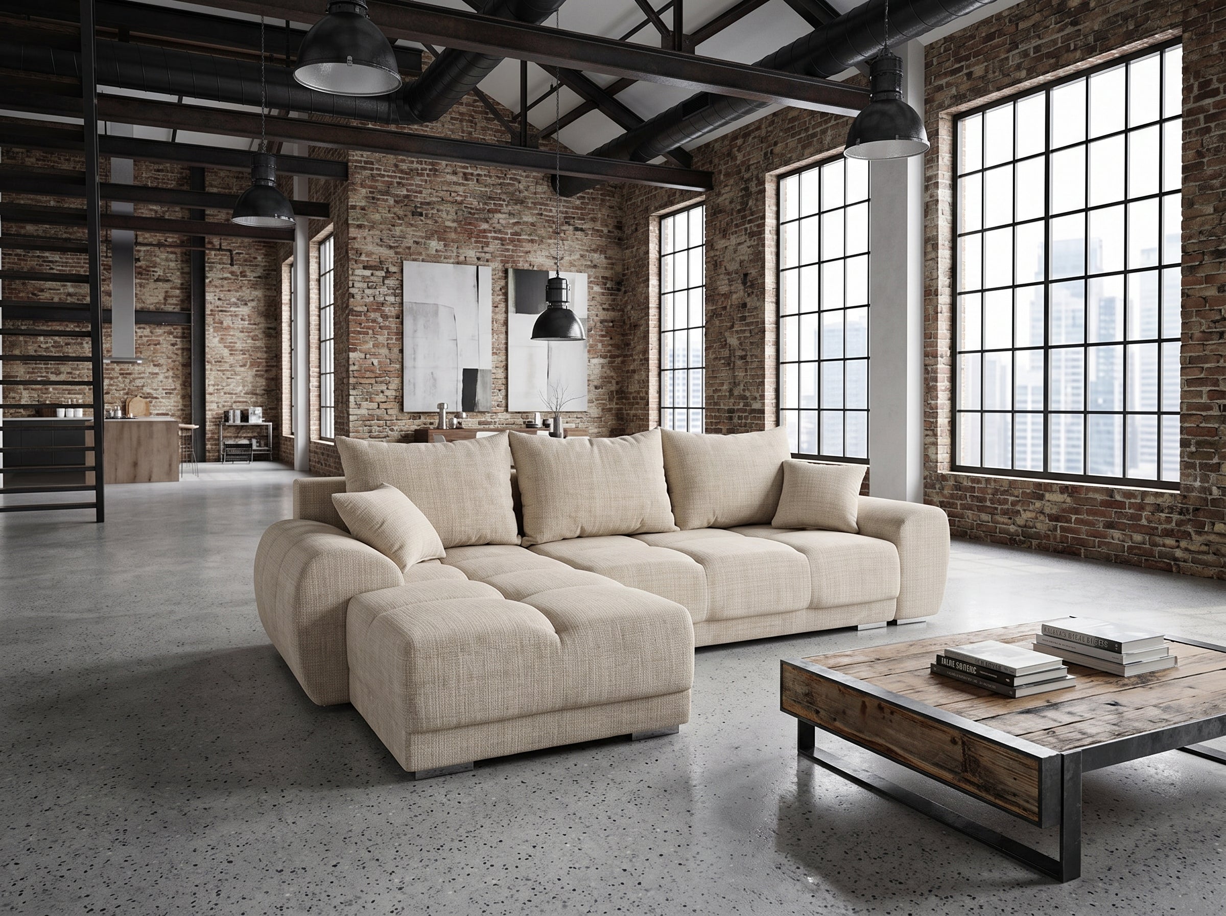 Canapé d'angle Nuage, Chenille beige lin
