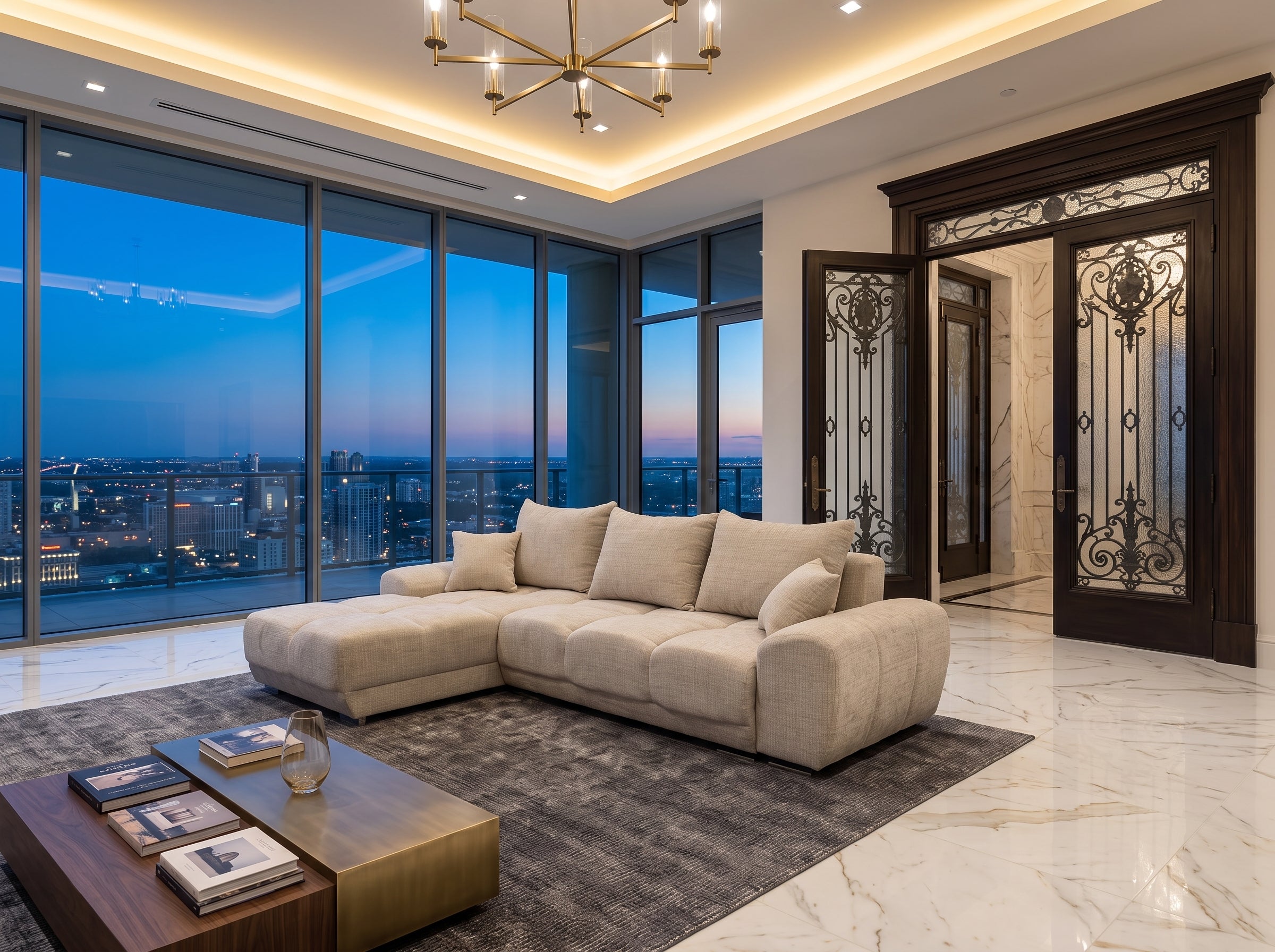 Canapé d'angle moelleux Nuage beige lin, penthouse contemporain vue nocturne