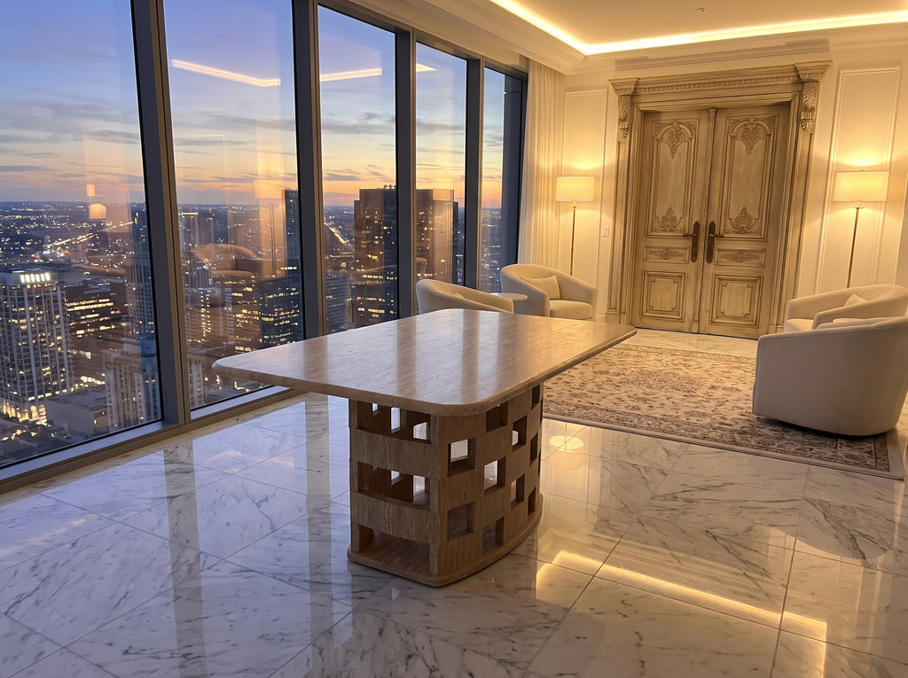 Table à manger Visby, Pied sculptural ajouré