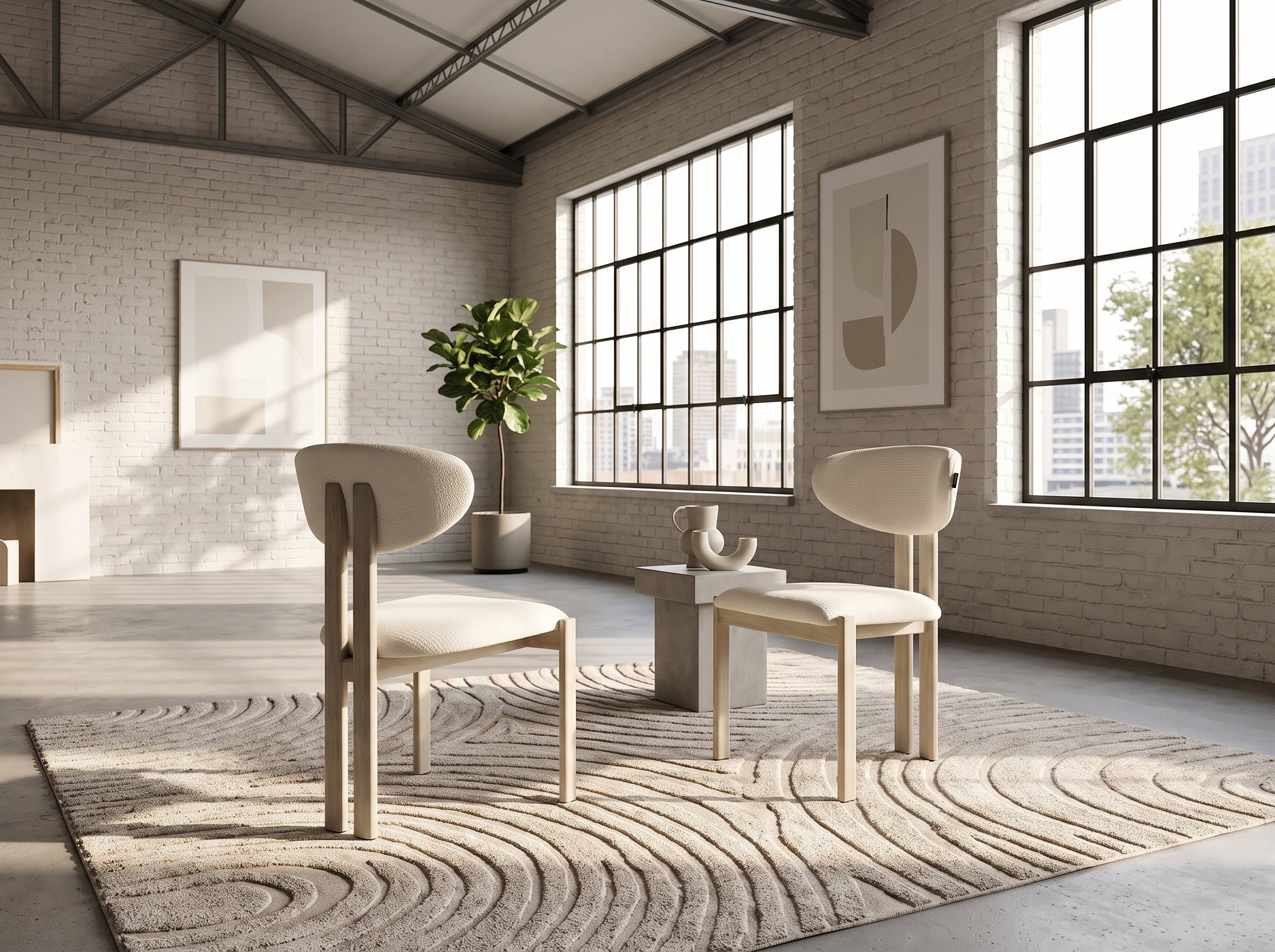 Chaise Bella (lot de 2), Bouclé beige & bois travertin