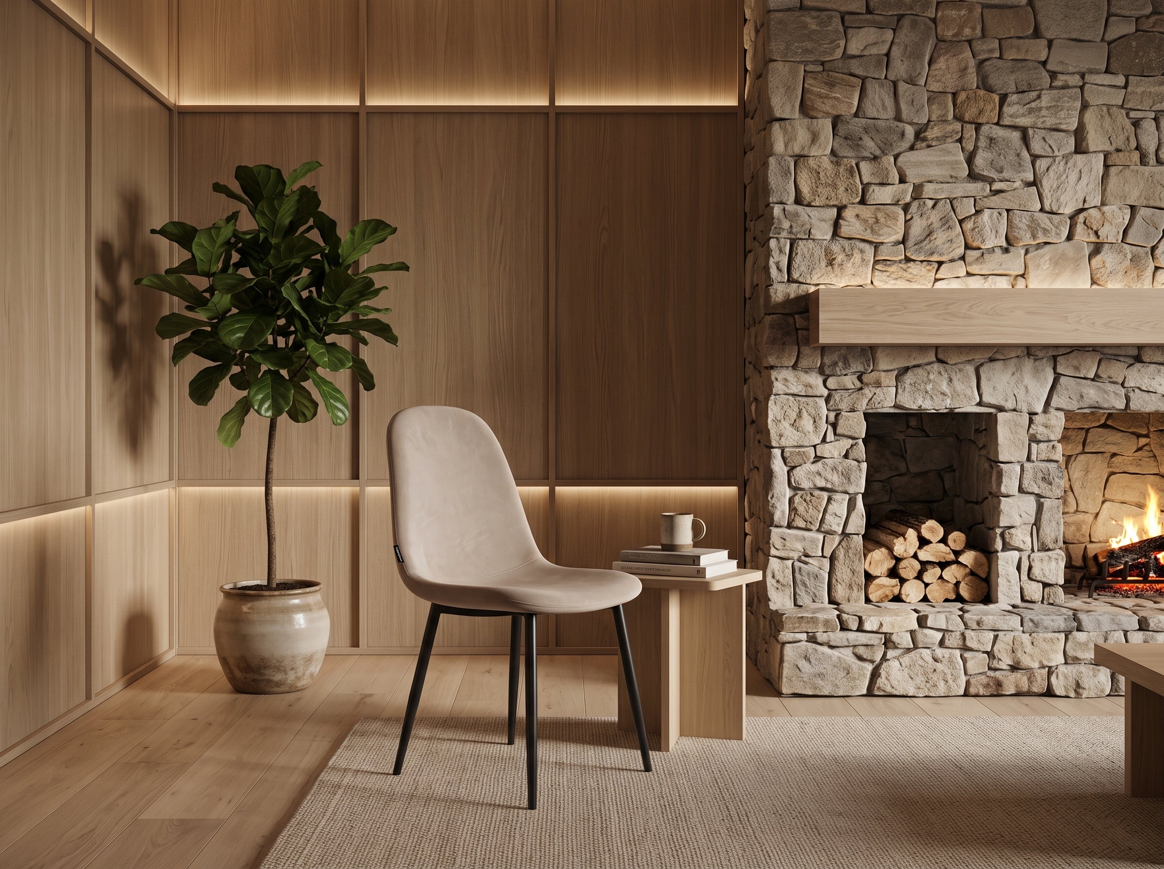 Chaise Vela coque galbée velours taupe près d'une table travertin