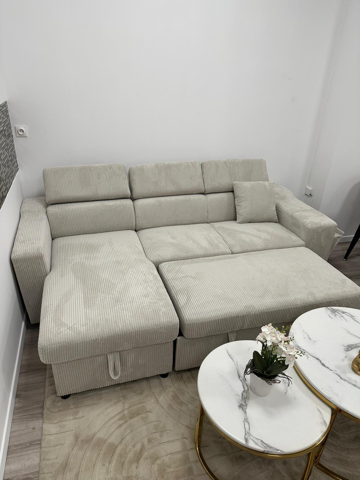 Canapé d&rsquo;Angle Convertible Bonaterra,Tissu Côtelé Beige