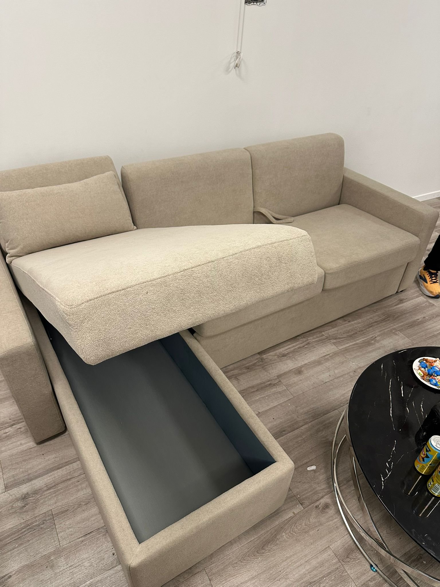 Canapé d&rsquo;Angle Convertible avec Coffre – Tissu Beige