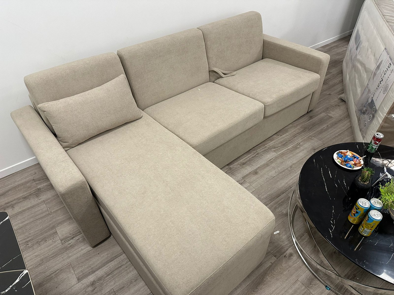 Canapé d&rsquo;Angle Convertible avec Coffre – Tissu Beige