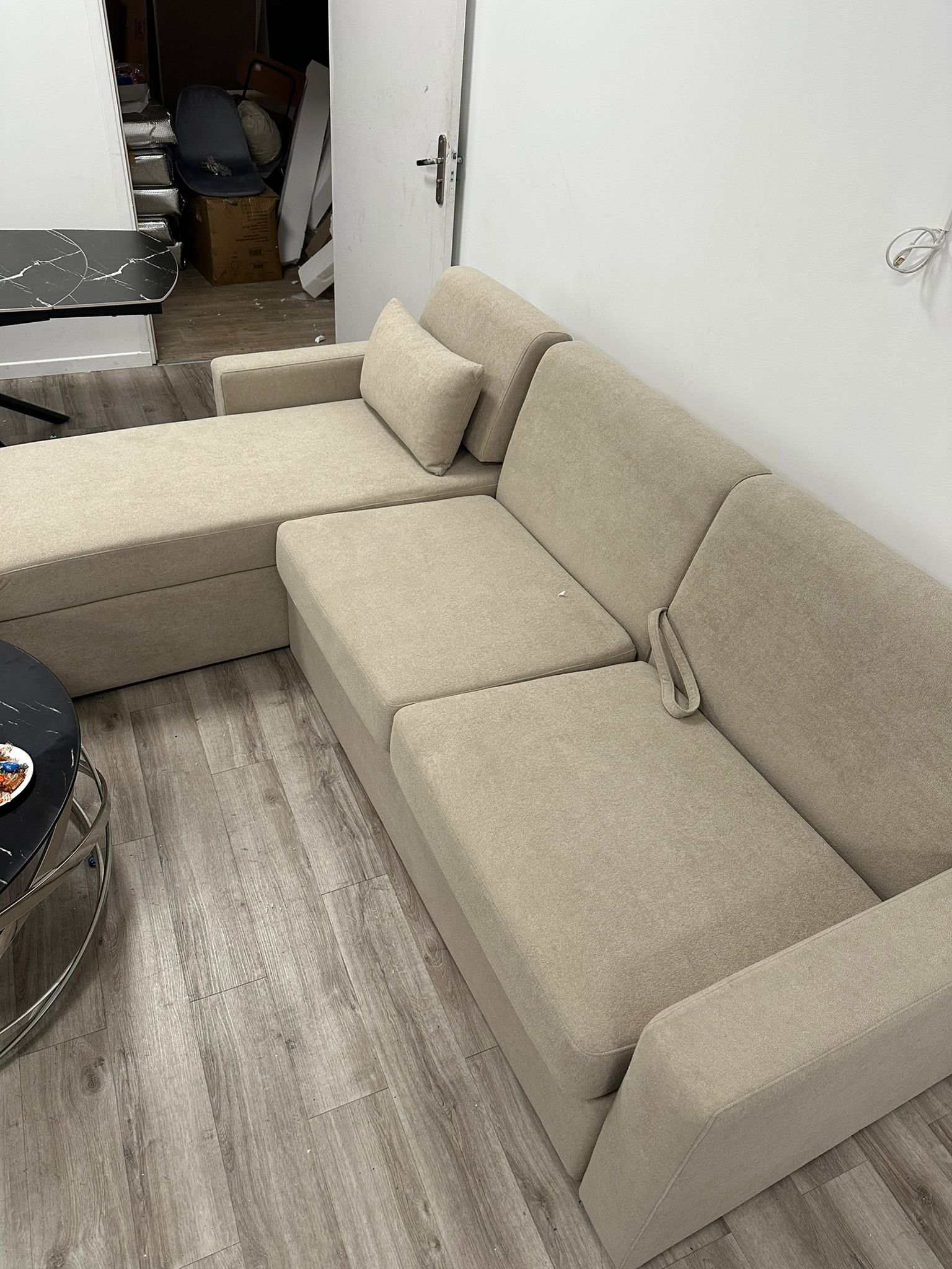 Canapé d&rsquo;Angle Convertible avec Coffre – Tissu Beige