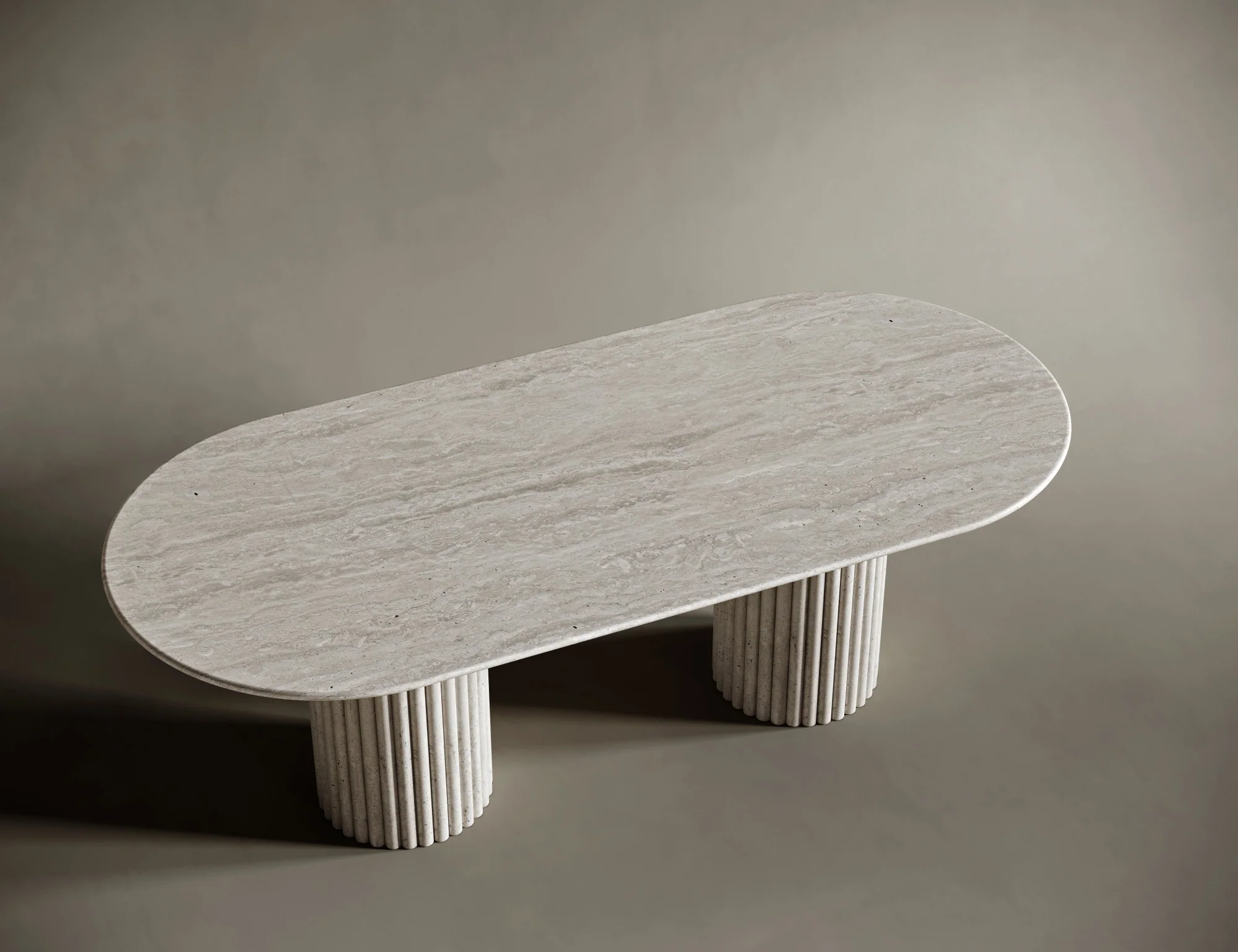 Table Basse Ovale Effet Travertin – Double Pieds Cannelés