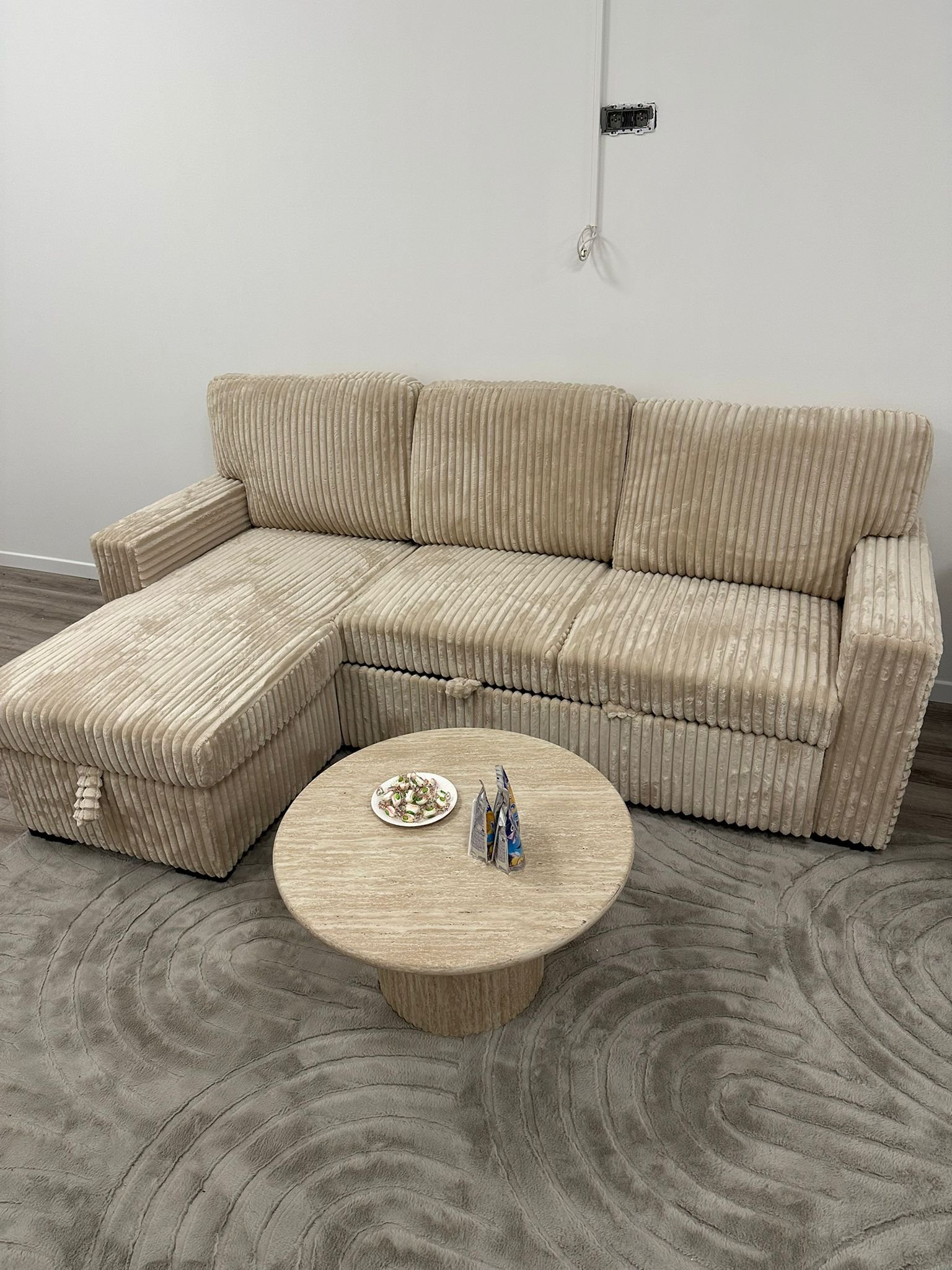 Canapé d&rsquo;Angle Convertible Velours Côtelé – Beige