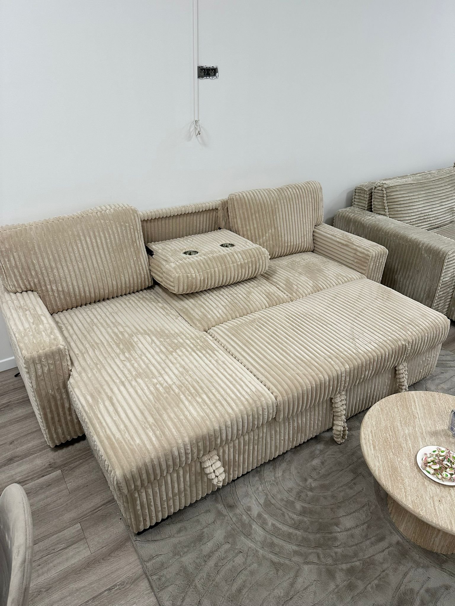 Canapé d&rsquo;Angle Convertible Velours Côtelé – Beige